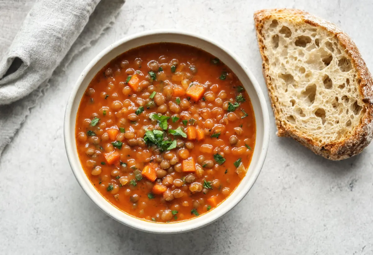 Linsen-Suppe mit Brot – sättigendes, pflanzliches Abendessen